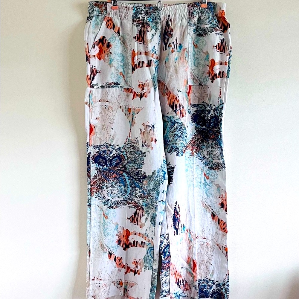 Chico’s Francesca Wide Leg Linen Pants White/Print Petite Sz 10